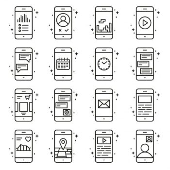 Free Vector | Smart phone functions and apps vector icon set in outline style. mobile collection sign line illustration.