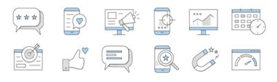 Free Vector | Smm doodle icons speech bubble with stars, smartphone and like button, pc with megaphone, mobile with target on screen, computer display with graph, calendar, thumb up, line art vector signs set