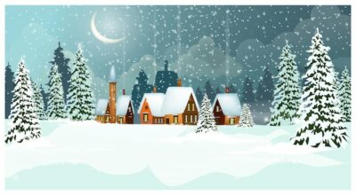 Free Vector | Snowy winter landscape with cottages and fir-trees