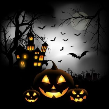 Free Vector | Spooky halloween background with pumpkins in a cemetery