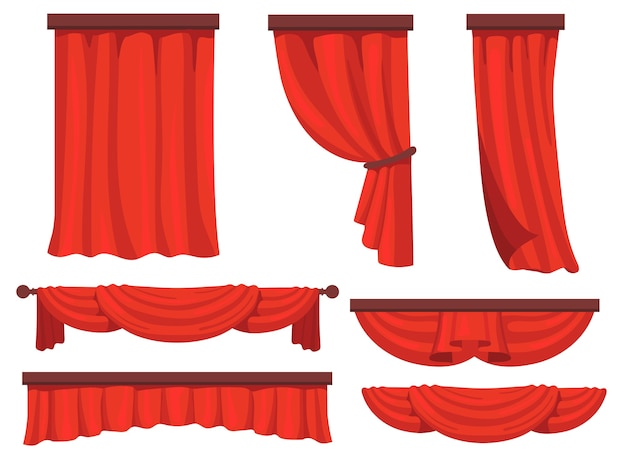 Free Vector | Stage red curtains flat set for web design. cartoon fabric drapery in movie or opera vector illustration collection. window drapery and decoration concept