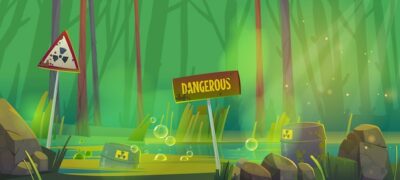 Free Vector | Stench dirty swamp with toxic waste barrels and warning signs vector cartoon illustration of environment pollution forest landscape with marsh with radiation contamination