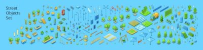 Free Vector | Street objects set isometric trees road signs