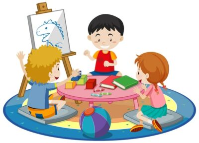 Free Vector | Students with kindergarten room elements on white
