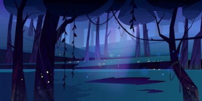 Free Vector | Summer forest glade with flying fireflies at night. scene of jungle, garden or natural park in moonlight. vector cartoon illustration of dark woods landscape with trees and lianas