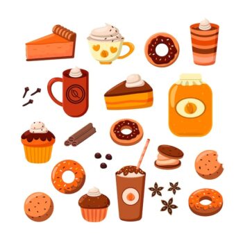 Free Vector | Tasty desserts and coffee cartoon illustration set. pumpkin and chocolate pie, donut and muffins. hot frappe, fall and halloween drinks with spices isolated on white background. food, beverage concept