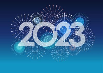 Free Vector | The year 2023 logo and fireworks on a blue background vector illustration
