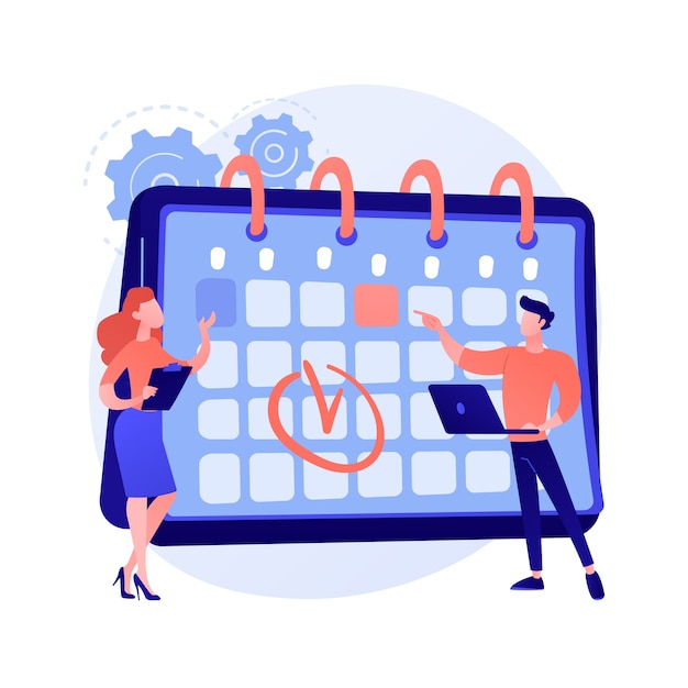 Free Vector | Time management. calendar method, appointment planning, business organizer. people drawing mark in work schedule cartoon characters. colleagues teamwork.