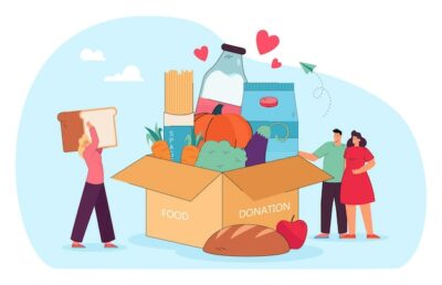 Free Vector | Tiny people standing near box of donation food for delivery. volunteers giving healthy grocery goods to charity flat vector illustration. social support, humanitarian help, community, sharing concept