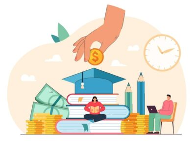 Free Vector | Tiny students sitting near books getting university degree and paying money. education business flat vector illustration. college scholarship, finance system, school fee, economy, student loan concept