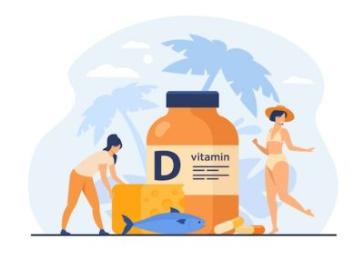 Free Vector | Tiny women eating fatty fish, vitamin d, cheese and sunbathing flat vector illustration. cartoon ladies using food supplements for deficiency reduction. wellbeing and health concept
