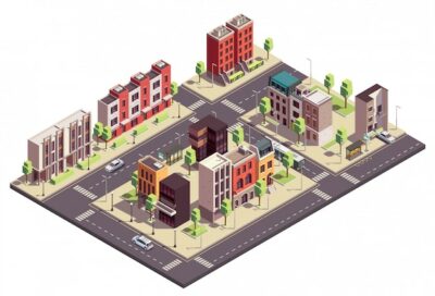 Free Vector | Townhouse buildings isometric composition with urban landscape and streets with city blocks living houses and cars
