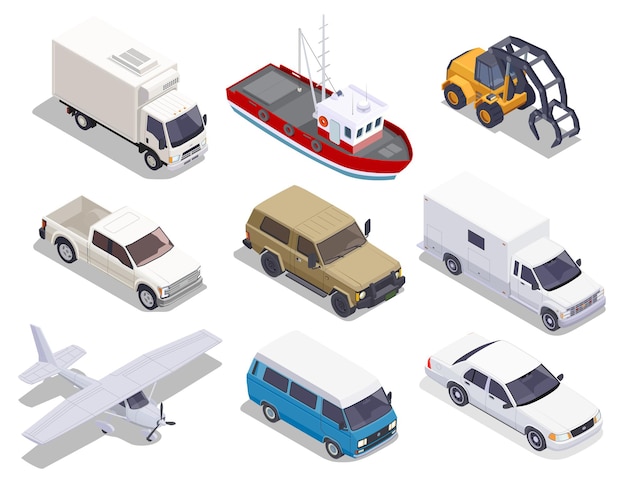Free Vector | Transport set of isolated isometric cars trucks airplane and boat