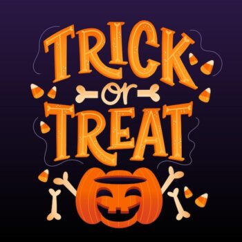 Free Vector | Trick or treat lettering with pumpkin and bones
