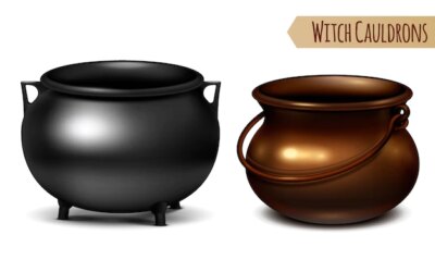 Free Vector | Two decorative witch cauldrons metal pots black and bronze with arc shaped hanger  realistic