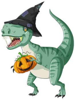 Free Vector | Tyrannosaurus rex dinosaur holding pumpkin in cartoon style
