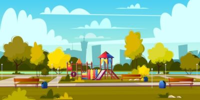 Free Vector | Vector background of cartoon playground in park at summer. landscape with green trees, plants and bu