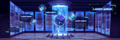 Free Vector | Vector infographic background with cartoon interior of future data center room with server hardware and hologram of processor. concept of bigdata technology, cloud information base