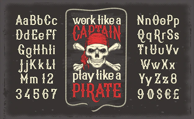 Free Vector | Vector white vintage font, the latin alphabet with retro pirate print with skull and crossbones