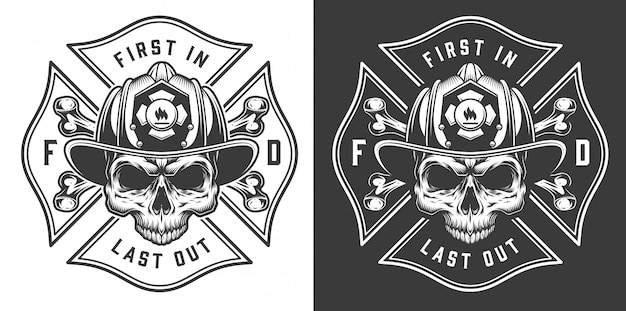 Free Vector | Vintage firefighter labels concept with letterings crossed axes fireman skull in helmet illustration