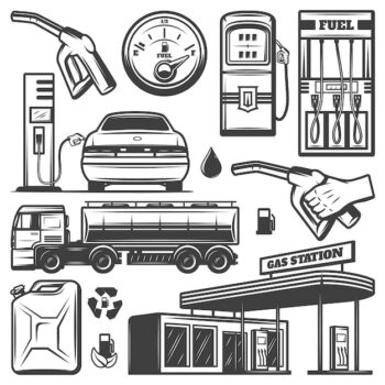 Free Vector | Vintage gas station icons collection with building canister car refilling petrol gauge truck fuel pump nozzles isolated