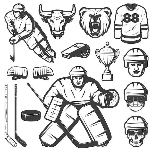 Free Vector | Vintage hockey elements set