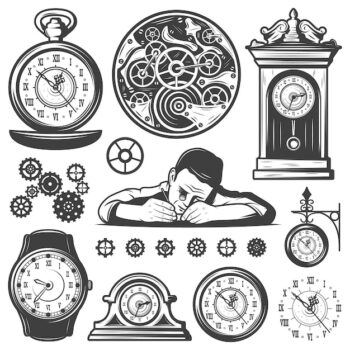 Free Vector | Vintage monochrome clocks repair elements set