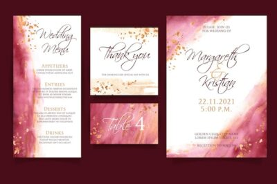 Free Vector | Watercolor burgundy and golden wedding stationery pack