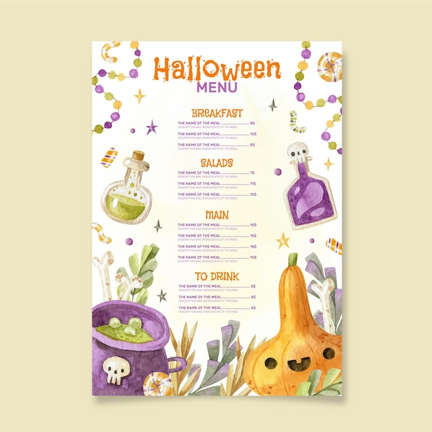 Free Vector | Watercolor halloween menu template