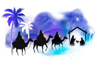 Free Vector | Watercolor illustration of reyes magos arriving to the nativity scene