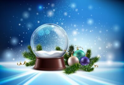 Free Vector | White snow globe realistic composition with hristmas tree toys and winter glitter  illustration