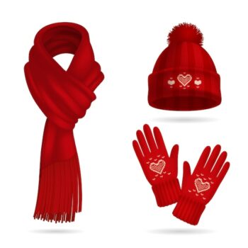 Free Vector | Winter red knitwear realistic set with hat and gloves isolated