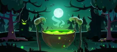 Free Vector | Witch cauldron in night forest halloween scene