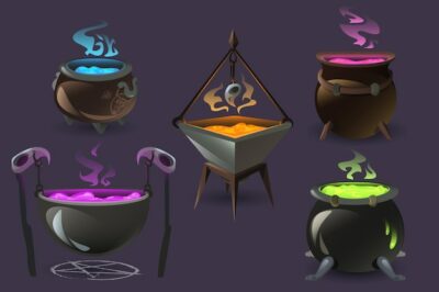 Free Vector | Witch cauldrons with boiling magic potions old cooking boilers with colored brew and steam