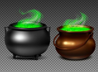 Free Vector | Witch cauldrons with magical green potion on transparent background realistic set isolated  illustration