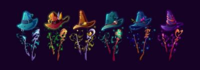 Free Vector | Witch hats wands and staffs cartoon vector set