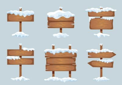 Free Vector | Wooden signboards direction sign board pointer with snow ice caps realistic winter