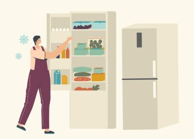 Free Vector | Young woman stand near open refrigerator with packages of frozen vegetables and containers with iced berries