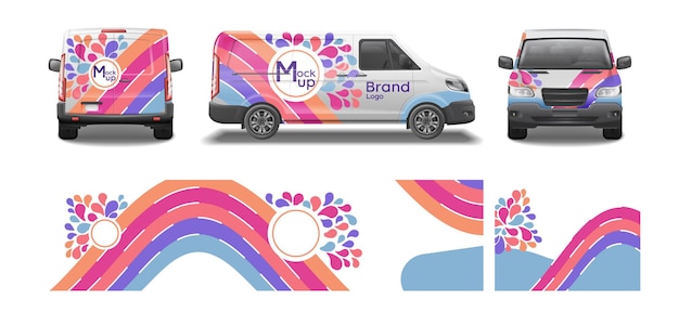 Free Vector | Car van mockup livery wrap design realistic set with front back and side views of automobile vector illustration