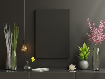 Free Photo | Black poster frame on cabinet in living room interior on empty dark black wall ,3d rendering