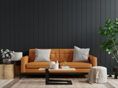Free Photo | Mockup wall in dark living room interior background with leather sofa and table on empty dark wooden wall, 3d rendering