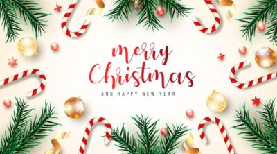 Free Vector | Beautiful and realistic christmas card with green branches and different christmas elements