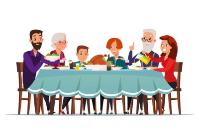 Free Vector | Big family dinner illustration grandparents parents and children sitting at served festive table spending time together cartoon characters holiday celebration at home