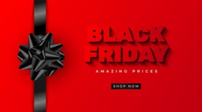 Free Vector | Black friday sale banner template with realistic gift ribbon