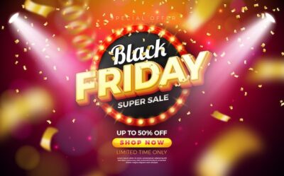 Free Vector | Black friday sale illustration with glowing light bulb billboard and falling confetti