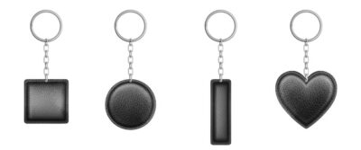 Free Vector | Black leather keychain different shapes with metal chain and ring.