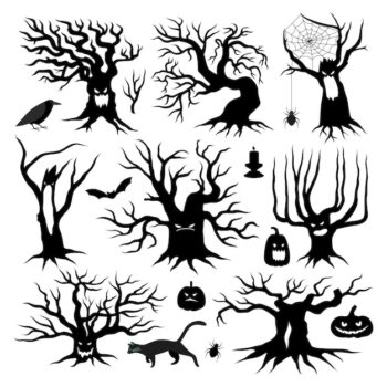 Free Vector | Black silhouettes of spooky halloween dead trees with jack o lantern pumpkins candles and animals flat set isolated vector illustration
