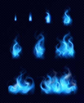 Free Vector | Blue gas flames realistic set of different forms and sizes on black background isolated