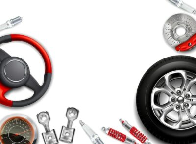 Free Vector | Car parts background with realistic images of alloy disks steering wheel shock absorbers with empty space
