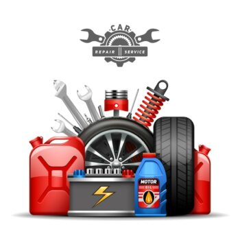 Free Vector | Car service center advertisement composition poster with wheels tires oil and gas canister